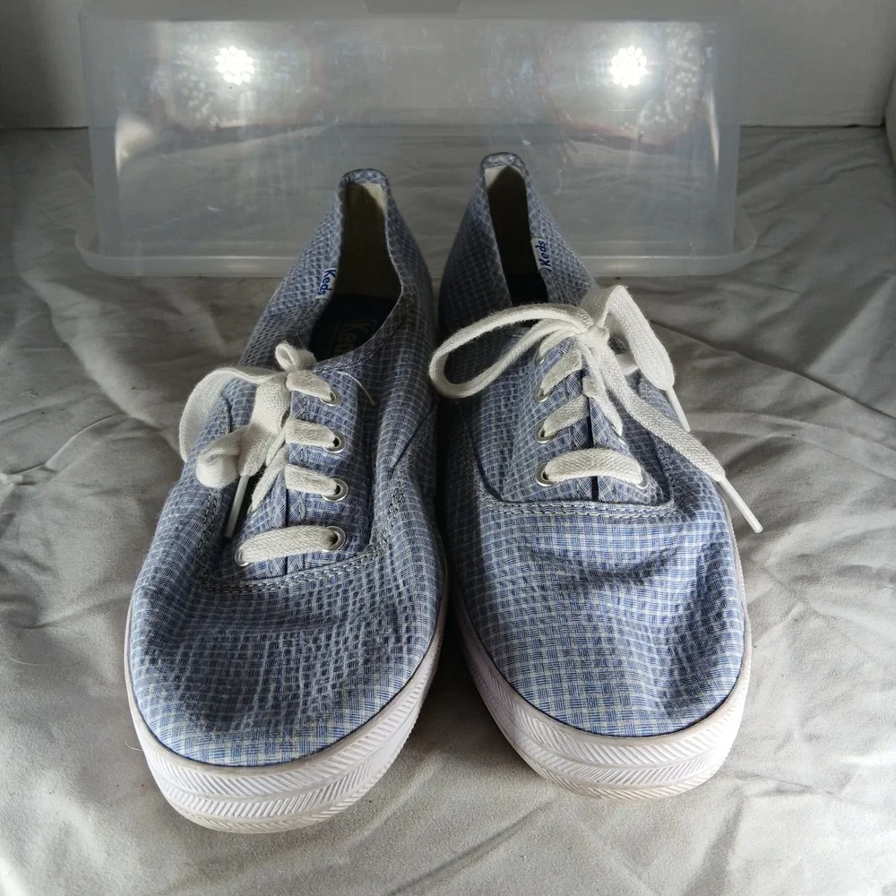 Keds Champion Canvas Gingham Blue White Lace Up Sneakers Shoes Women‎ US 8.5